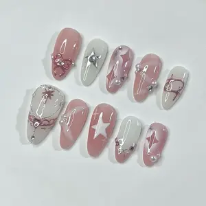 Cute Star & Bow Pattern Fake Nails, 24pcs Removable Full Cover Artificial Fake Nail with Tools for Women & Girls