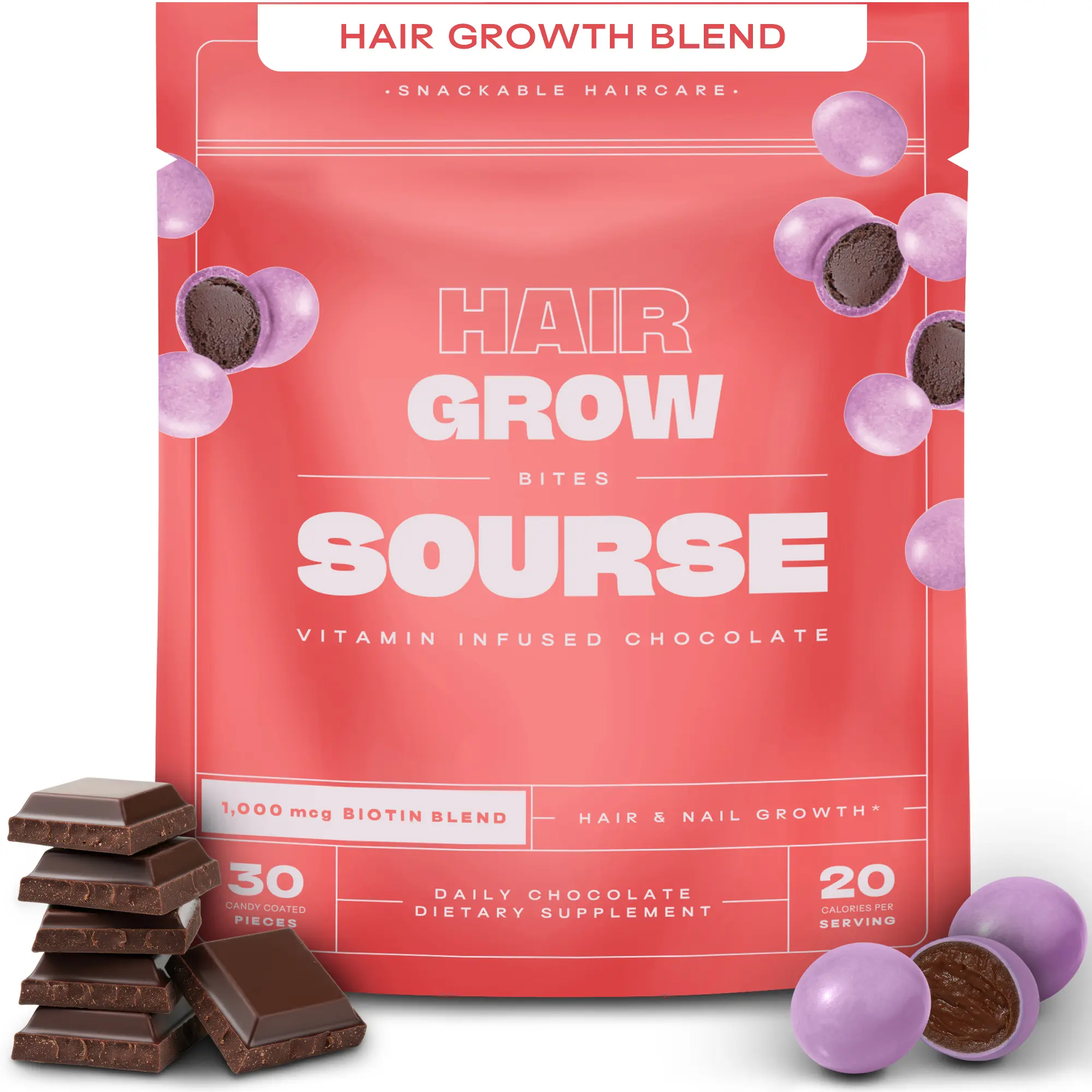 Hair Growth Supplement - Chocolate for Better Absorption - Biotin, Inositol and Folate for Stronger Hair & Nails - Vegan