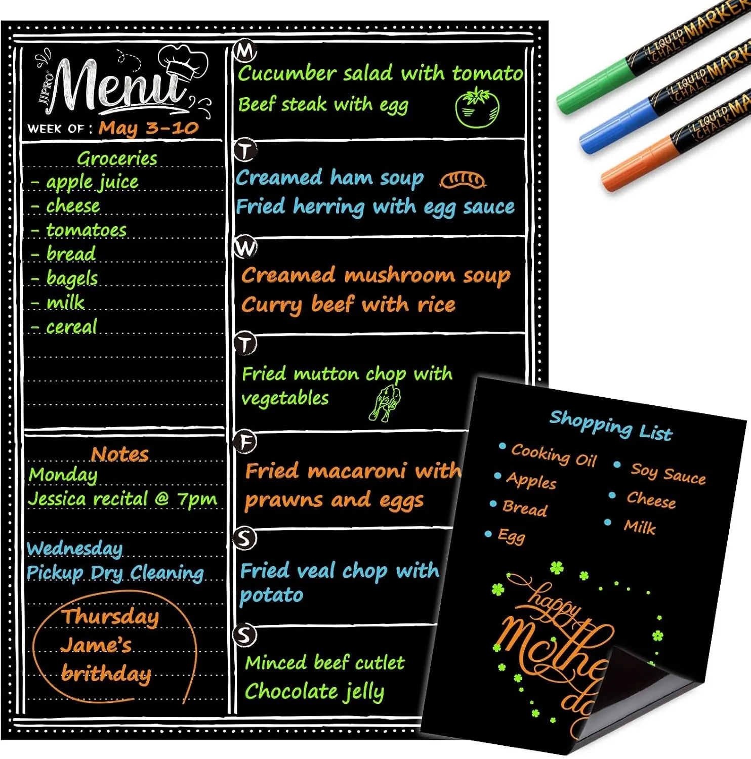 Magnetic Dry Erase Menu Blackboard for Fridge-Weekly Meal Planner Chalkboard with Notepad Blackboard Set for Kitchen Refrigerator-Refrigerator Organizer with Menu Planning Board