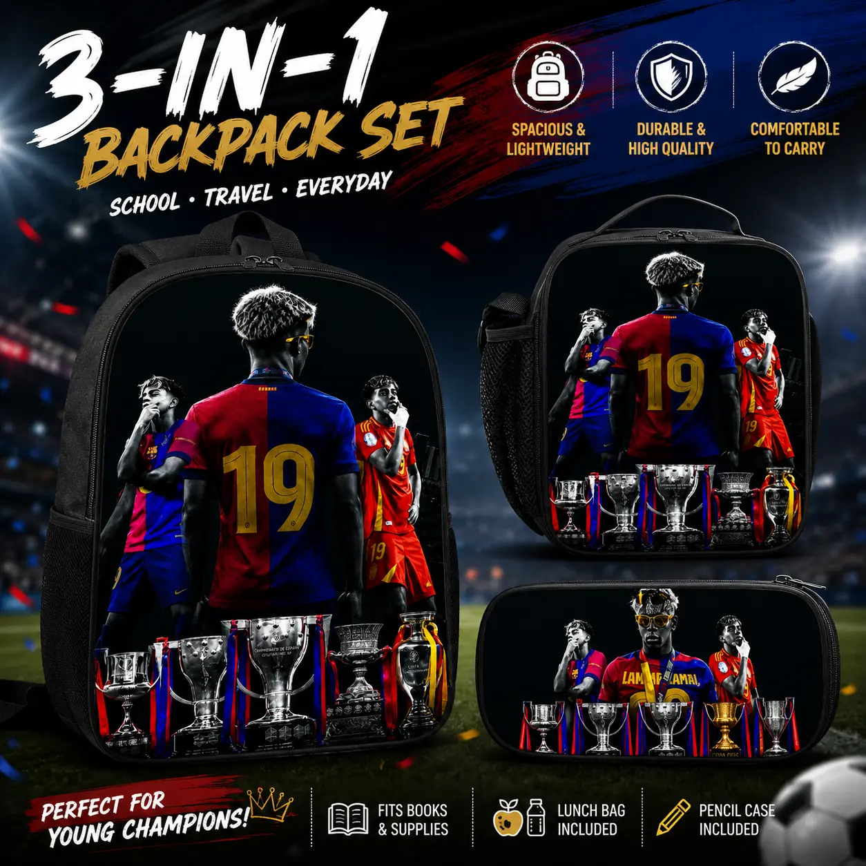Young Soccer Champion #19 Graphic Print Backpack 3 PCS Set, Golden Boy Football Legend Bookbag with Insulated Lunch Box and Pencil Case, Sports Fan Birthday Gift for Teen Boys Kids