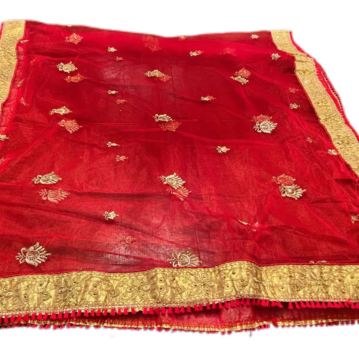 India Women's Lightweight Bridal Mehandi Red Dupatta-Veil, Traditional Indian Pakistani Wedding Clothes Outfit Accessory, Embroidered Fabric Womenswear Dress, Embroidery, Accessories