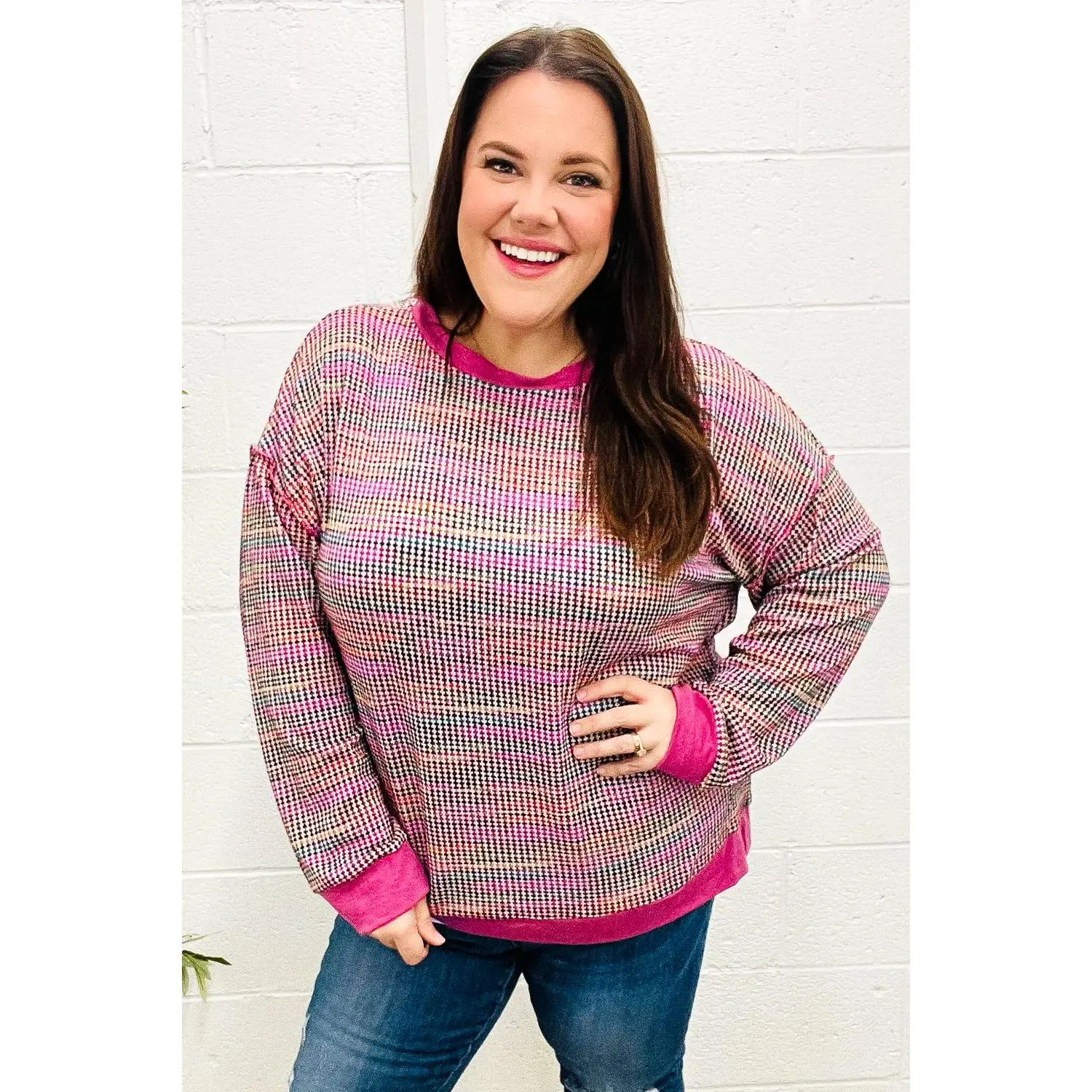 Bring Joy Magenta Multicolor Textured Waffle Knit Sweater