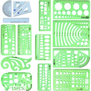 15PCS Geometric Drawings Templates Measuring Geometry Rulers Drafting Stencils Measuring Tools