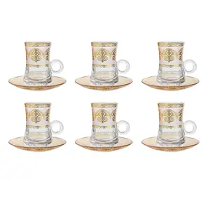Vintage Tea Glasses Cups Set of 6 and Saucers Glassware Teacups for Party Adults Arabic Fancy Decorative Serving Persian Kitchen Women Style Gift Drinking Luxury Gold Drinkware Glass