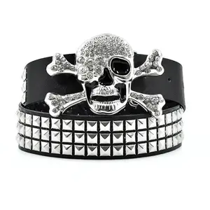 Trendy Punk Leather Bel, Skull Design with Rivets & Square Beads | Durable Edgy Accessory Belt Gift for Daily Street Looks