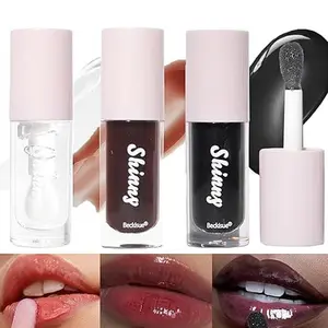 Shining Translucent Black Lip Gloss, Clear, Black Cherry, Black Sugar - Moisturizing, Hydrating, Non-Sticky, 3 Pcs Vegan Makeup - Glossy