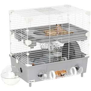 PawHut 2-Tier Hamster Cage, Hamster Habitat with Sand Bathroom, Running Wheel, Water Bottle, Tubes, Accessories, Small Animal Cage, 17.5" x 11" x 17", Gray