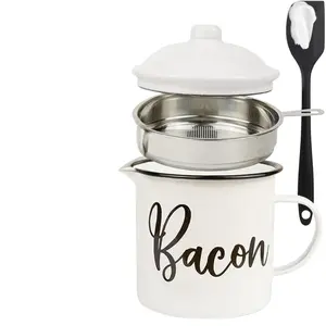 Bacon Grease Container with Strainer 46oz Large Enamel Rustic Farmhouse Fat Keeper Dishwasher Safe with Food-Grade Silicone Spatula