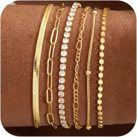 TEWIKY Waterproof Bracelets Set For Women Trendy Dainty Jewelry Fashion Stackable Tennis Beaded Figaro Herringbone Paperclip Link Bracelet Pack Stack For Valentineday