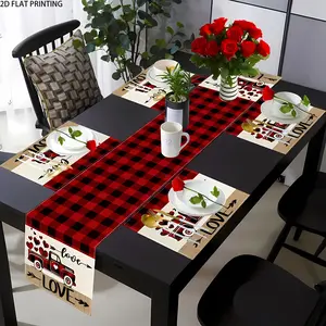 2D flat printing, 1 piece/4 pieces/6 pieces/5 pieces set/7 pieces set, Valentine's Day table flag placemat set, red buffalo grid truck table mat, love Valentine's Day table mat suitable for restaurant tables