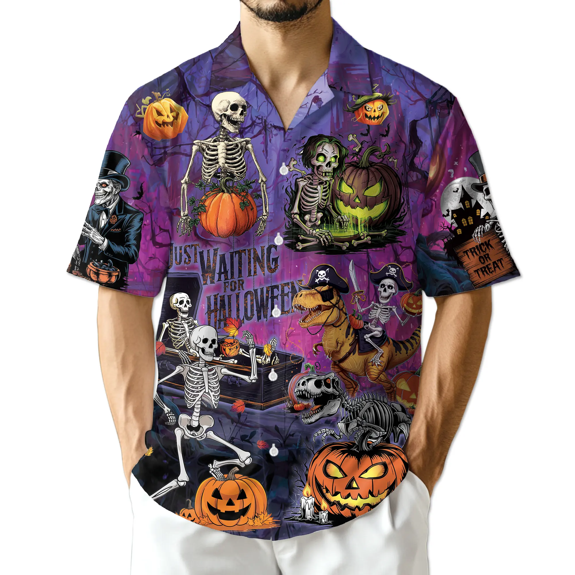 Skeleton Halloween Hawaiian Shirt Men Pumpkin Dinosaur Short Sleeve Button Down Trick or Treat Party Shirt
