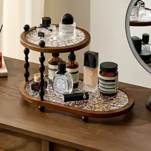 Aesthetic 2-Tier Acacia Wood & Ripple Glass Vanity Organizer  | Mid-Century Modern Desktop Shelf for Perfume, Skincare & Home Decor