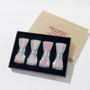 Rhinestone Decorated Bow Lipstick Set, 4 Counts/box Luxurious Long Lasting Easy Coloring Lip Sticks, Suitable for All Occasions Lip Makeup, Girls and Women Makeup Accessories