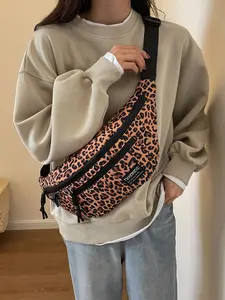 High-End Texture Large Capacity Leopard Print Letter Decor Chest Bag, Belt Bag, Multi-Pocket Design, Perfect for Daily Outings