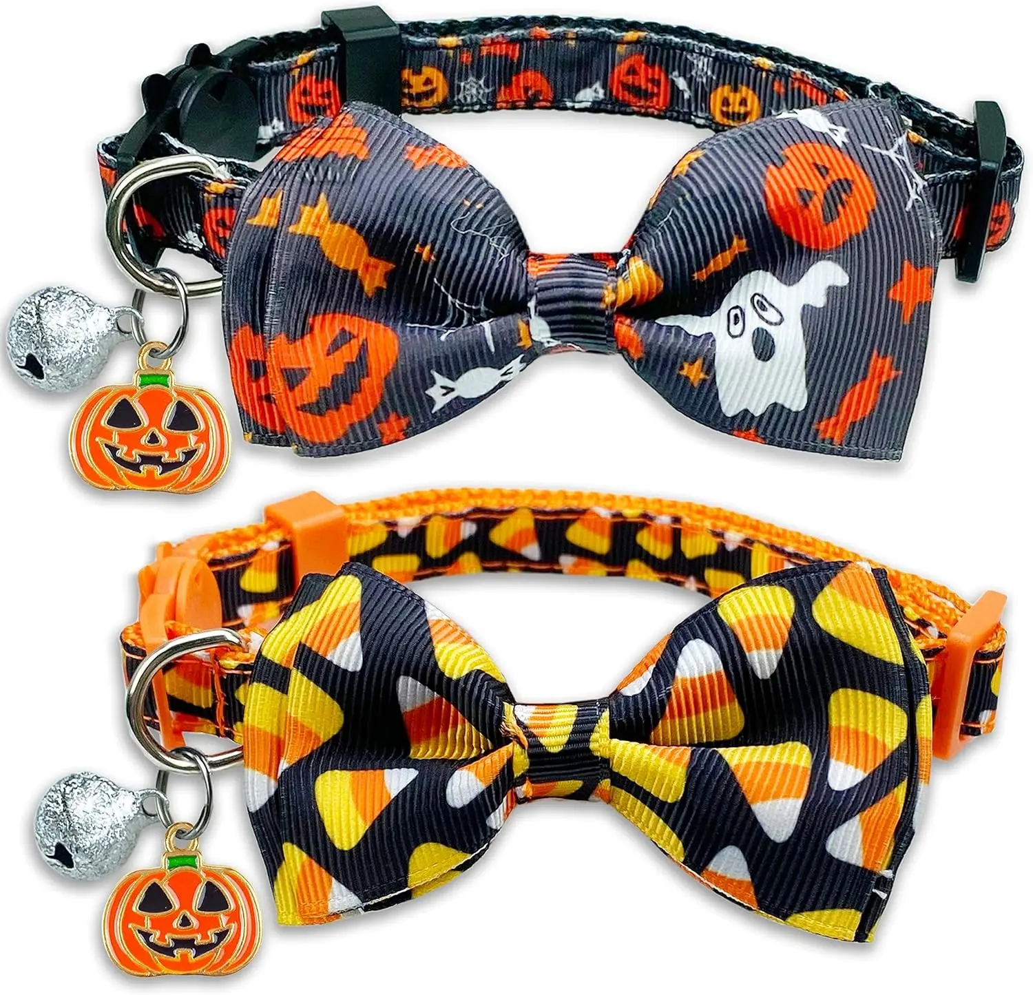 2 Pack Halloween Cat Collar with Bell, Holiday Jack-O-Lantern and Candycorn Collar for Kitty Kitten Male Female Cats (Jack-O-Lantern/Candycorn)