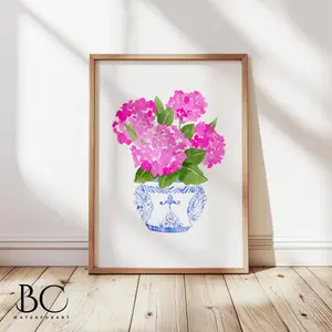 Watercolor Pink Hydrangea Wall Art, Chinoiserie Porcelain Print, Room Decor, Unframed