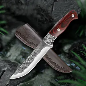 Chrysanthemum Pattern Wood Handle Knife,Compatible Sheath Included,Meat Cutting,High-Quality Steel Blade,Durable Kitchen Essential,for Kitchen,Camping,Fishing,BBQ