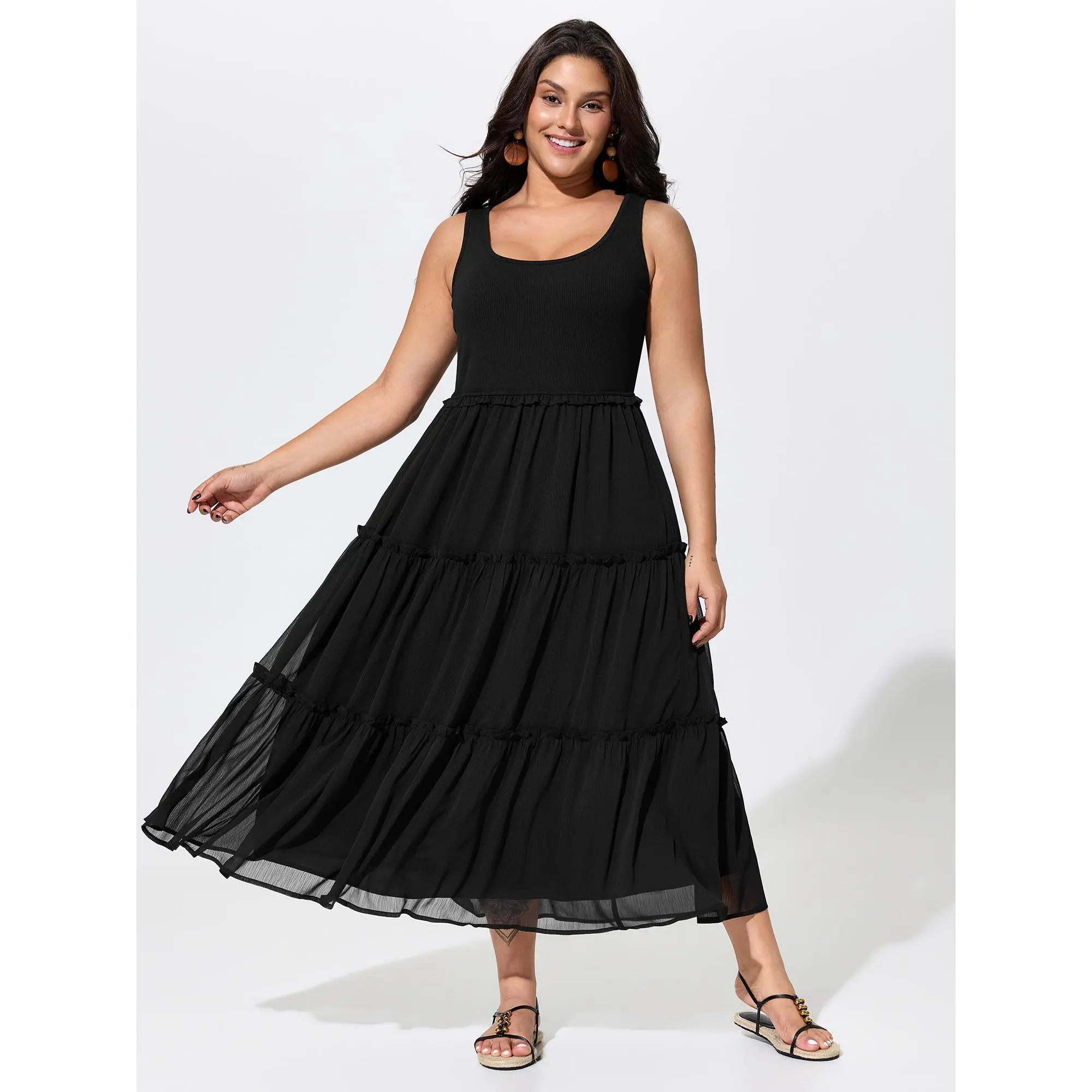 BloomChic Lady's Plus Size Sleeveless Knit Polyester Casual Dress - Classic Ruffled Tiered Flowy Midi, Basic Low Iron Casual Wear, Pockets, Size M-6X (2026 Spotlight Summerfinds Deals For You Days), Plus Size Casual Dresses