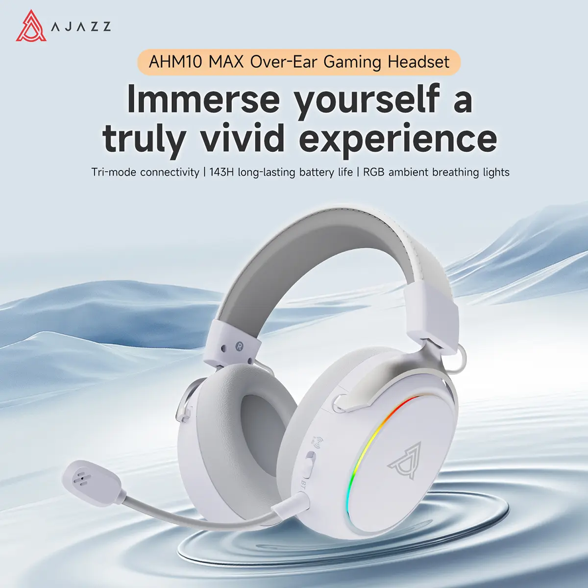 AJAZZ AHM10 MAX Wireless Gaming Headset, Compatible with PC, PS5, Xbox Series X|S, 53mm, Memory Foam Ear Cushions, Aluminum Alloy Frame, 360° Noise-canceling, 2000mAh Battery, 7.1 Surround Sound.
