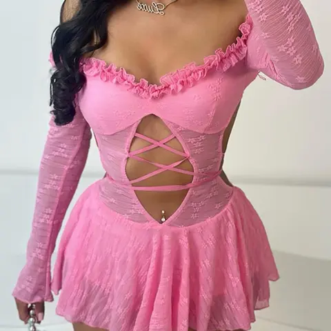 Women's Contrast Mesh Sheer Backless Off Shoulder Cut Out Ruffle Trim Bodysuit, Sexy Fashion Frill Trim Tie Back Fitted Long Sleeve Bodysuit for Nightclub Music Festival, Women's Clothes for Spring & Fall, Fashionable Bodysuits, Womenswear