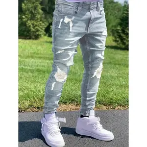 2026 Latest Men's Fashion Casual Distressed Washed Skinny Fit Jeans with Zipper Fly & Ripped Details Light Wash Denim Menswear - Fabric