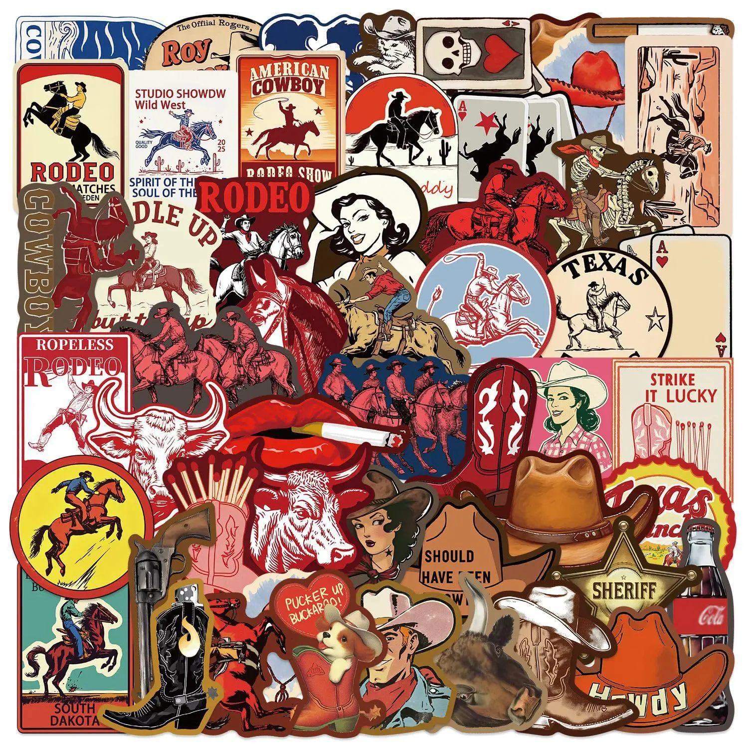 Cowboy Stickers,Country Western Stickers Red Cowgirl Decals Teens Adults,Vinyl Waterproof for Water Bottle Laptop 50Pcs