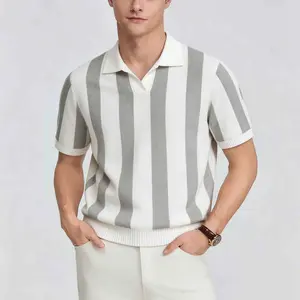 Bold Vertical Stripe Mens Knit Polo Shirt Johnny Collar Design Ribbed Cuffs and Hem Perfect for Smart Casual Daily Wear and Summer Office Outfits