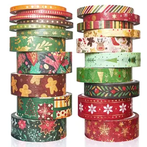 Christmas Washi Packing Tape - 21 Rolls Foil Gold Craft Xmas Duct Masking Paper Tape, Glitter Holiday Tape with Snowflake Deer Christmas Pattern.