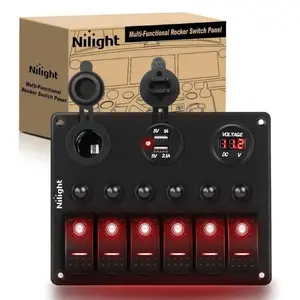 Nilight 6Gang ON/Off Red Rocker Switch Panel w/ Dual USB Cigarette Lighter Socket Voltmeter