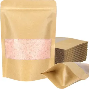 Kraft Paper Bags with Window 50 PCS Air Tight Reusable Food Storage Bags Brown Paper Bags for Food Packaging Small Business 5.9"x8.7" Waterproof Moisture-Proof Sealing Options