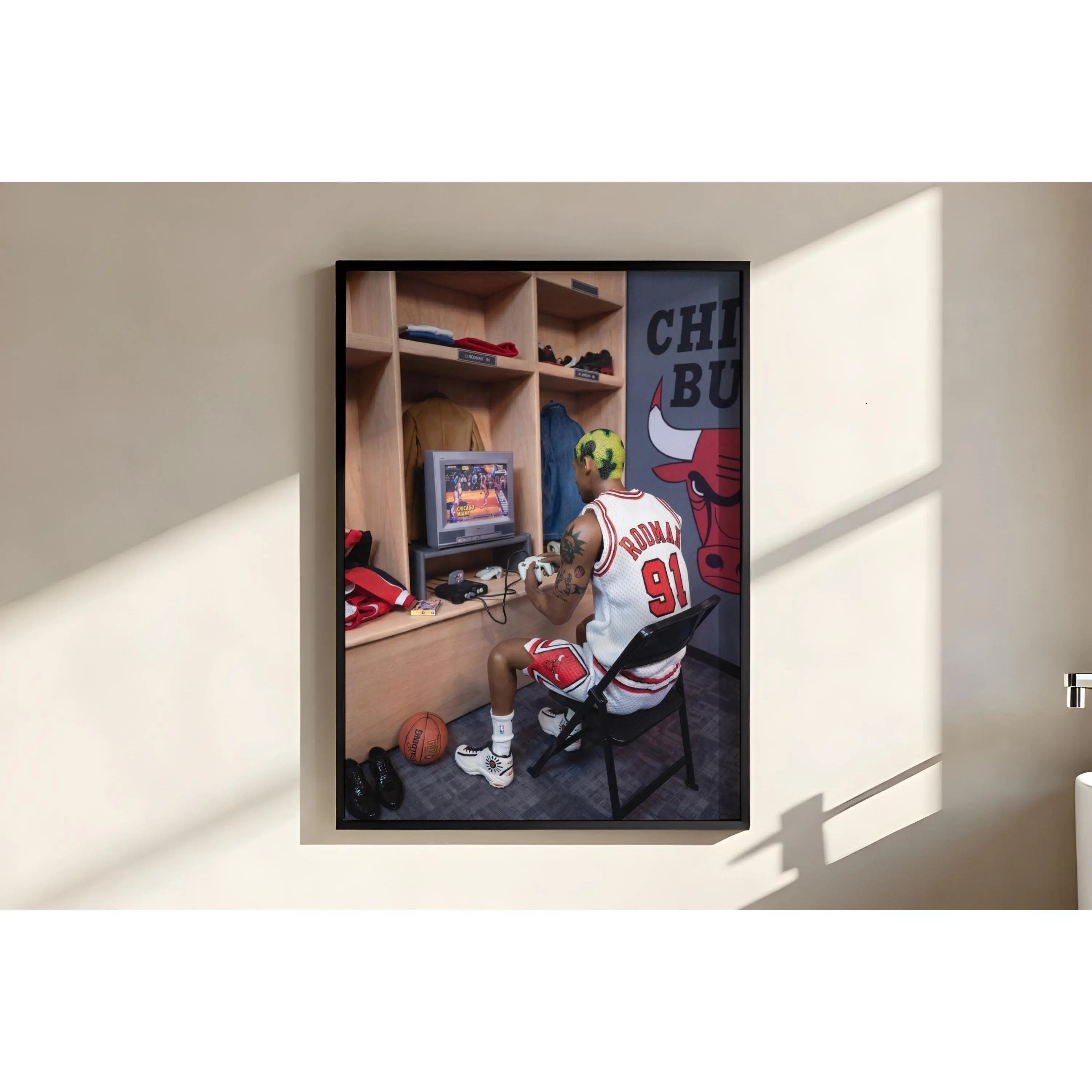Dennis Rodman Retro Gaming Poster – 90s Chicago Bulls Locker Room Art Print