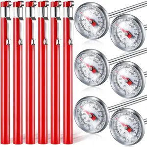 6 count Stainless Steel Kitchen Thermometer with 5 Inch Long Stem 1 Inch Dial Thermometer Milk Frothing  for Oven Probe Meat Grill BBQ Cooking  Water(Red)