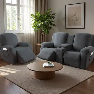 Recliner Loveseat Cover with Center Console, Non-Slip Washable Slipcover with Pockets, Pet-Friendly Removable Cushions Protector