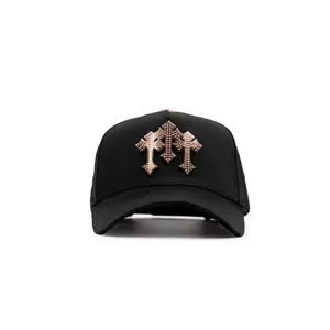 El Barbas Hat Chrome Rose Gold Edition Premium Streetwear Snapback – Black Adjustable Unisex Hat for Men & Women Featuring Triple Rose Gold Cross Embellishments, Rhinestone Detail, Curved Brim, and Bold Luxury Urban Fashion Style
