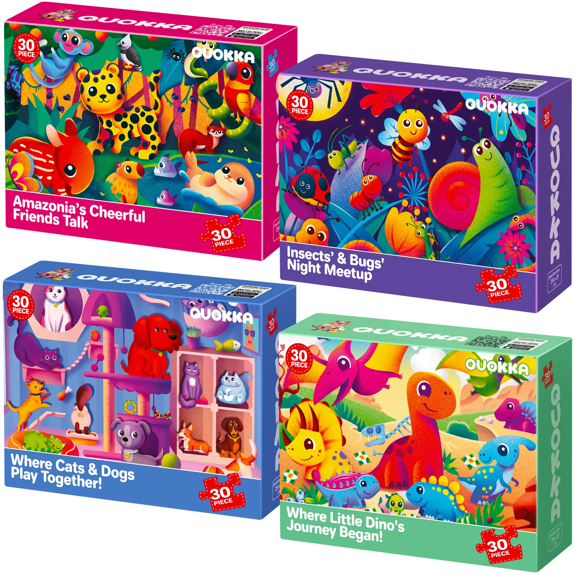 QUOKKA 4-Set 30-Piece Jigsaw Puzzles for Toddlers - Educational Toys with Bright Colors, Large Shapes, Dinosaur & Bug Themes for Animal Shape Recognition, Ages 4-6 Kids