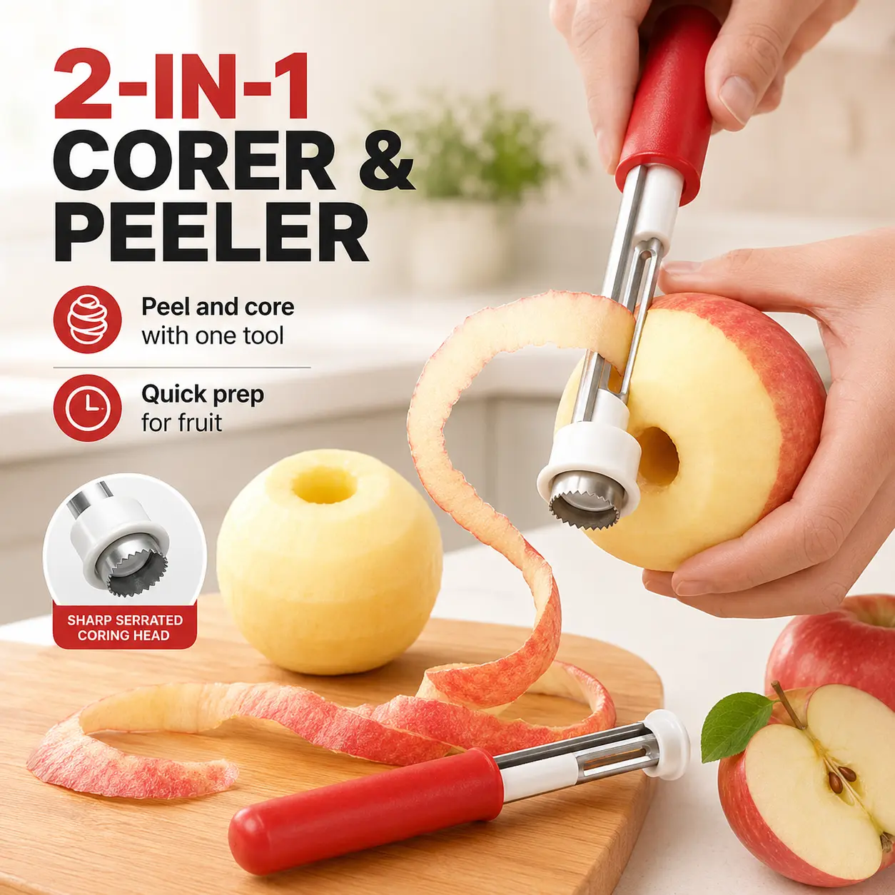 2 in 1 Apple Corer and Peeler, Apple Core Removal Tool, Stainless Steel Fruit Corer, Apple Seed Remover for Cored Apples, Pears, Bell Peppers and Cakes, Kitchen Gadget for Fruit and Vegetable - MM2