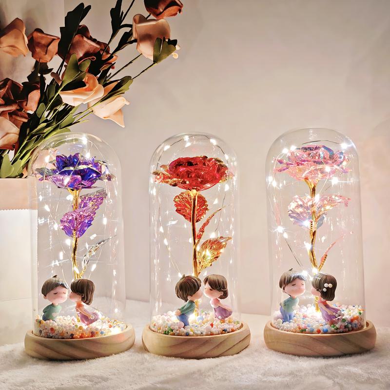 Artificial Roses withLED Lights in Clear Glass Storage Box Single Stem Home Party Decorations for Valentine's Day Christmas Festival
