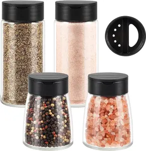 Salt dispenser - Glass Salt Shakers for Kitchen Sets of 4 - Large Sugar and Salt Shakers with Lid, Spice Shaker (5.7 oz & 4.7 oz)