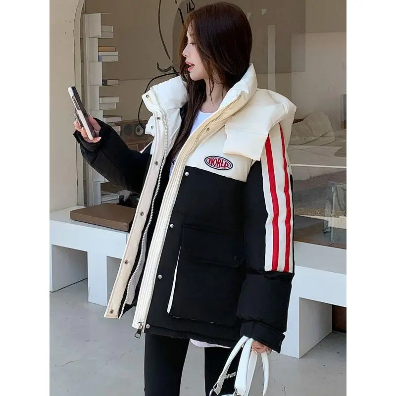 Women's 2025 Oversized Patchwork Puffer Coat, Korean Hooded Down Cotton Winter Jacket, Warm Casual Thick Snow Outerwear, Tops