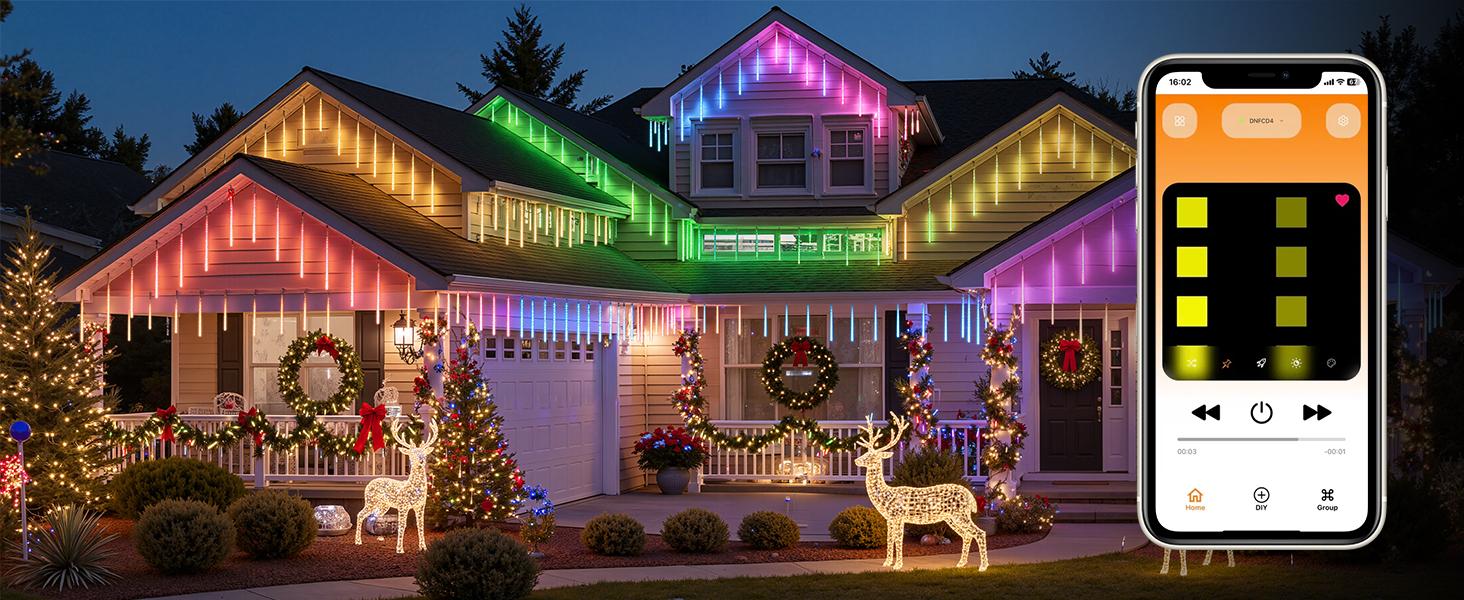 Smart Meteor Shower Lights Outdoor, 16Tube 256LED 24.6ft Color Changing Dripping Icicle Christmas Lights for Outdoor Outside, APP Controlled RGB Customize Display DIY Dynamic Lighting Effec