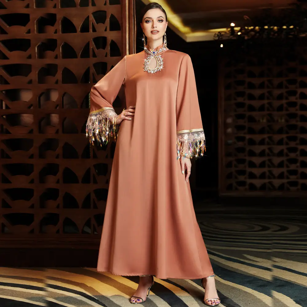2025New color-changing laser-gradient fringed abaya long dress with a slit at the neckline