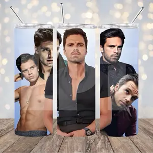 Sebastian Stan 20 oz Skinny Tumbler Lid Straw Stainless Steel Drinkware Beverage Water Bottle iced coffee cup tumblr perfect gift