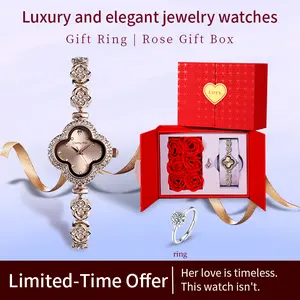【Luxurious jewelry  watch set】Four-leaf clover lucky energy stone bracelet watch. Natural energy stones inlaid with four-leaf clover elements, containing double blessings. Complete with a gift box set, including a ring, earrings and a necklace.