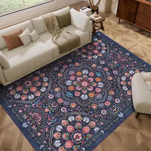 Vintage Floral Print Rug Ultra-thin Soft Non-slip Washable Farmhouse Style Whimsical Nature Rug for Bedrooms Living Rooms Dining Rooms Playrooms Apartments and Offices Anti-Slip TPE Backing Low-Pile Design Girls room rug