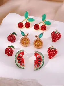 Cute Fruit Design Stud Earrings Set, Rhinestone Decor Fruits Earrings, Fashion Jewelry for Party, Daily Clothing Decor, Trendy All-match & Exquisite Jewelry for Birthday Gift, High Quality Earrings
