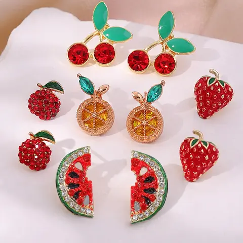 Cute Fruit Design Stud Earring Sets, Rhinestone Decor Fruits Earrings, Fashion Jewelry for Party, Daily Clothing Decor, Trendy All-match & Exquisite Jewelry for Birthday Gift, High Quality Earrings