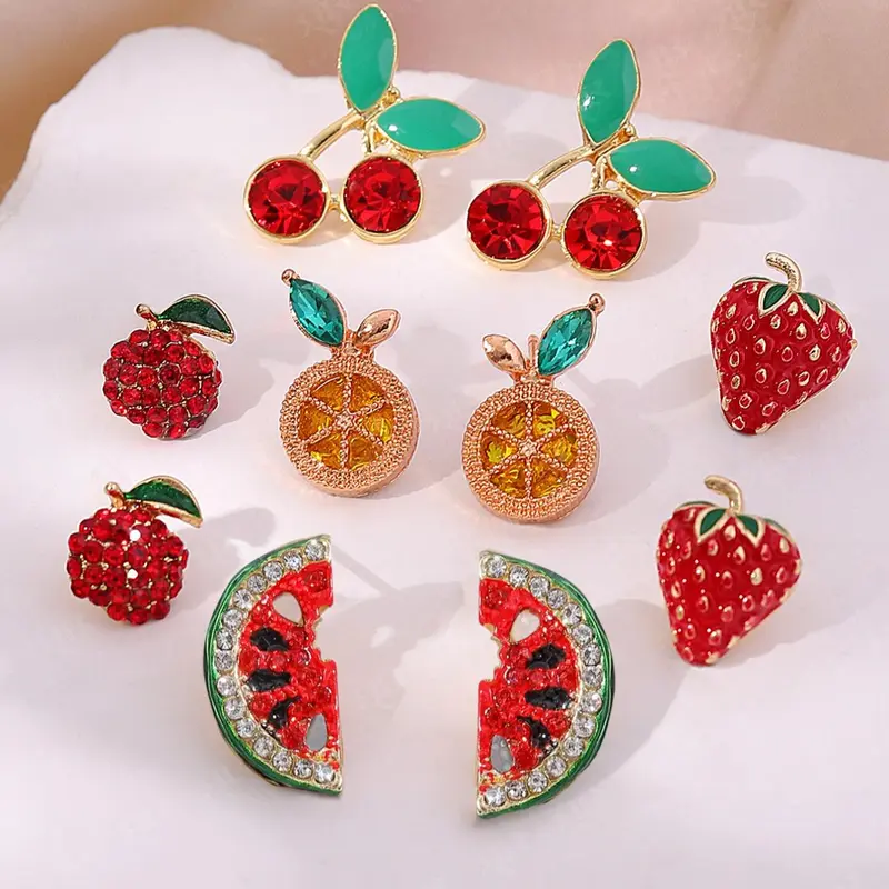 Cute Fruit Design Stud Earring Sets, Rhinestone Decor Fruits Earrings, Fashion Jewelry for Party, Daily Clothing Decor, Trendy All-match & Exquisite Jewelry for Birthday Gift, High Quality Earrings
