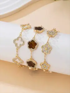 Three openwork four-leaf clover rhinestone bracelets, a five-leaf clover flower bracelet set, fashionable, versatile and exquisite jewelry.