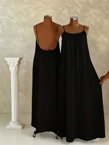 Plus Size Satin Smooth Backless Spaghetti Strap Dress Womenswear, Loose-Fitting Plain Design, Sleeveless Long Fitted Style, Ideal for Party & Wedding Guests