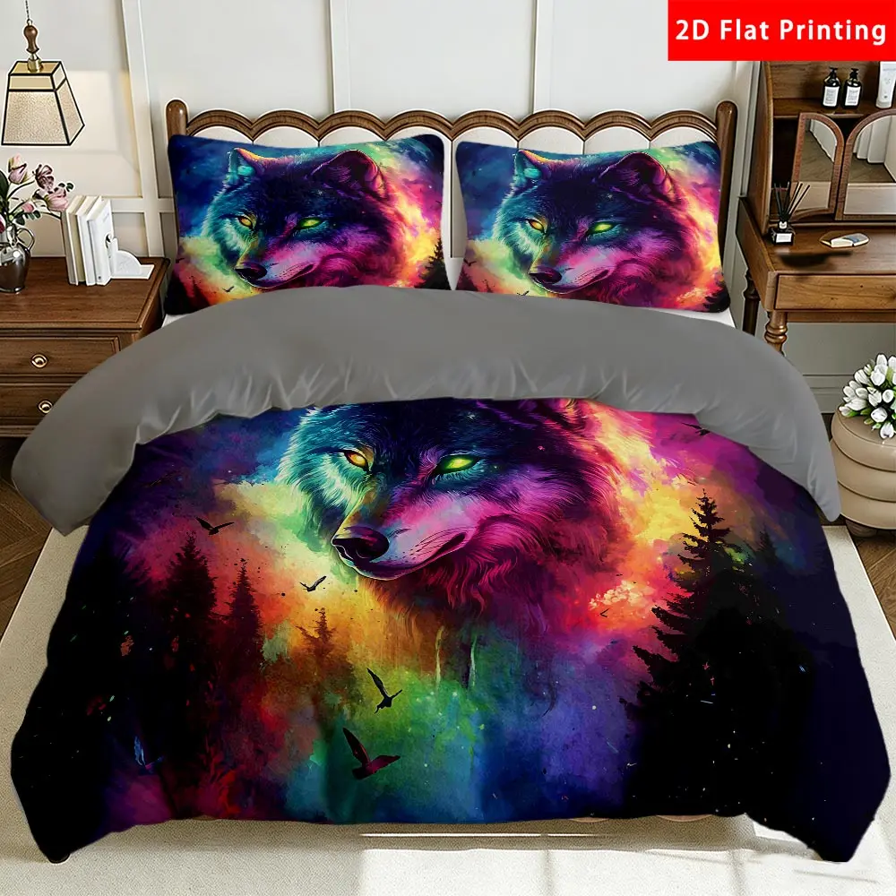 2/3 Pcs 2D Flat Fantasy Wolf Milk Velvet Duvet Cover Set Wolf Bedding Set Quilt Cover 1 Duvet Cover + 1/2 Pillowcases Colorful Wolf Top Sheet Decorative Bedding Bedroom Decor The Preferred Pick for Bedding